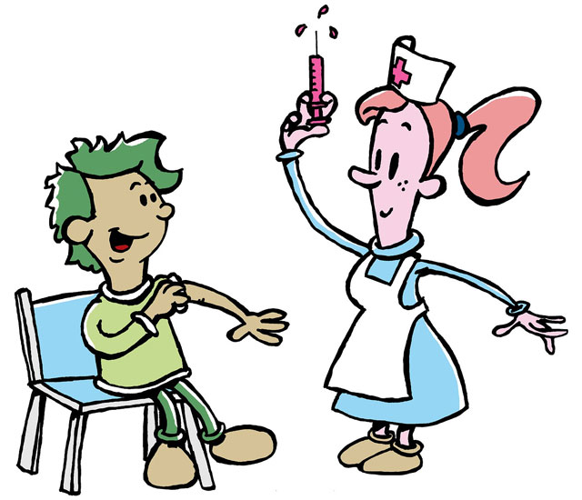 Comic Cartoon Character of Patient and A Nurse with Injection